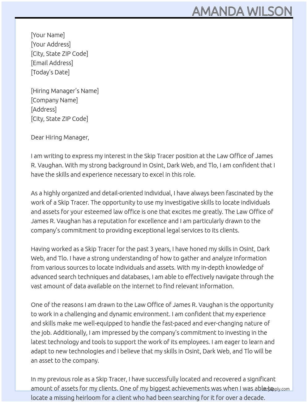 Skip Tracer At Law Office of James R. Vaughan Cover Letter