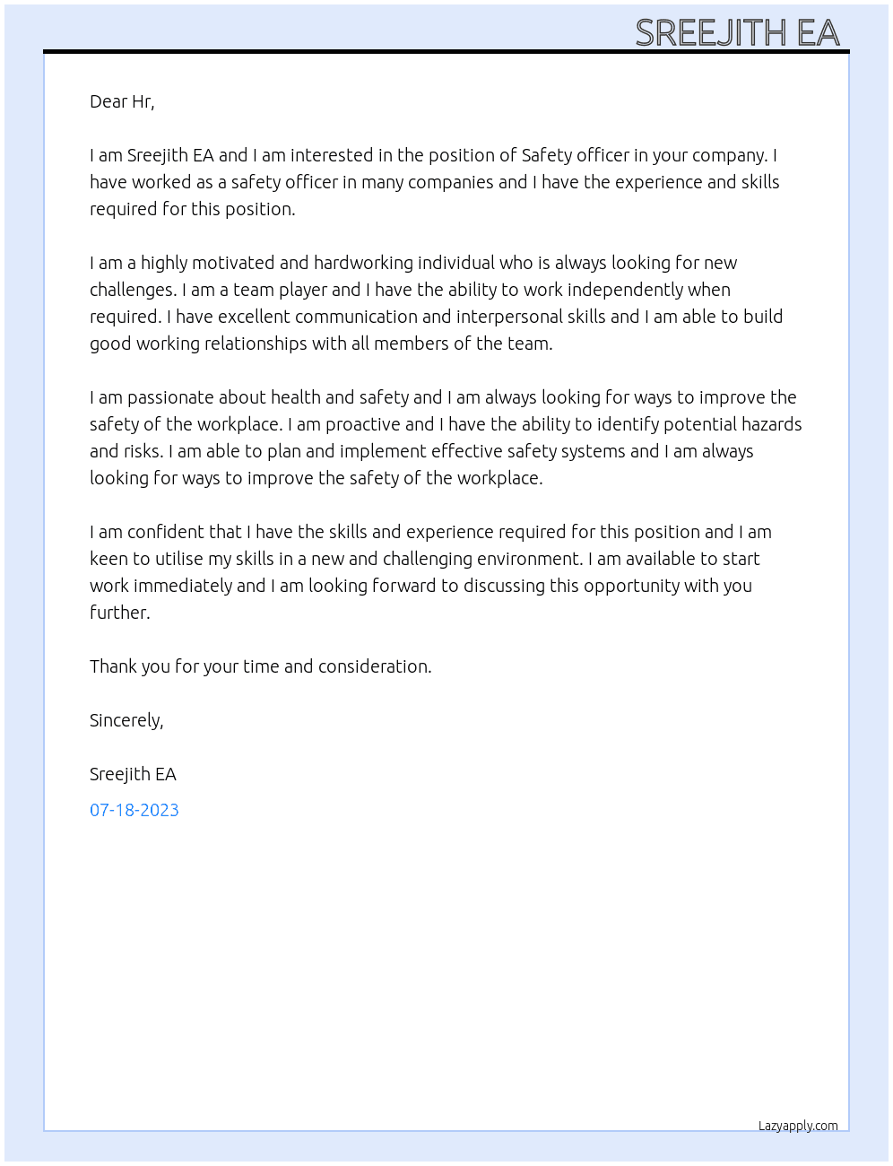 Safety officer  At Black and gray  Cover Letter