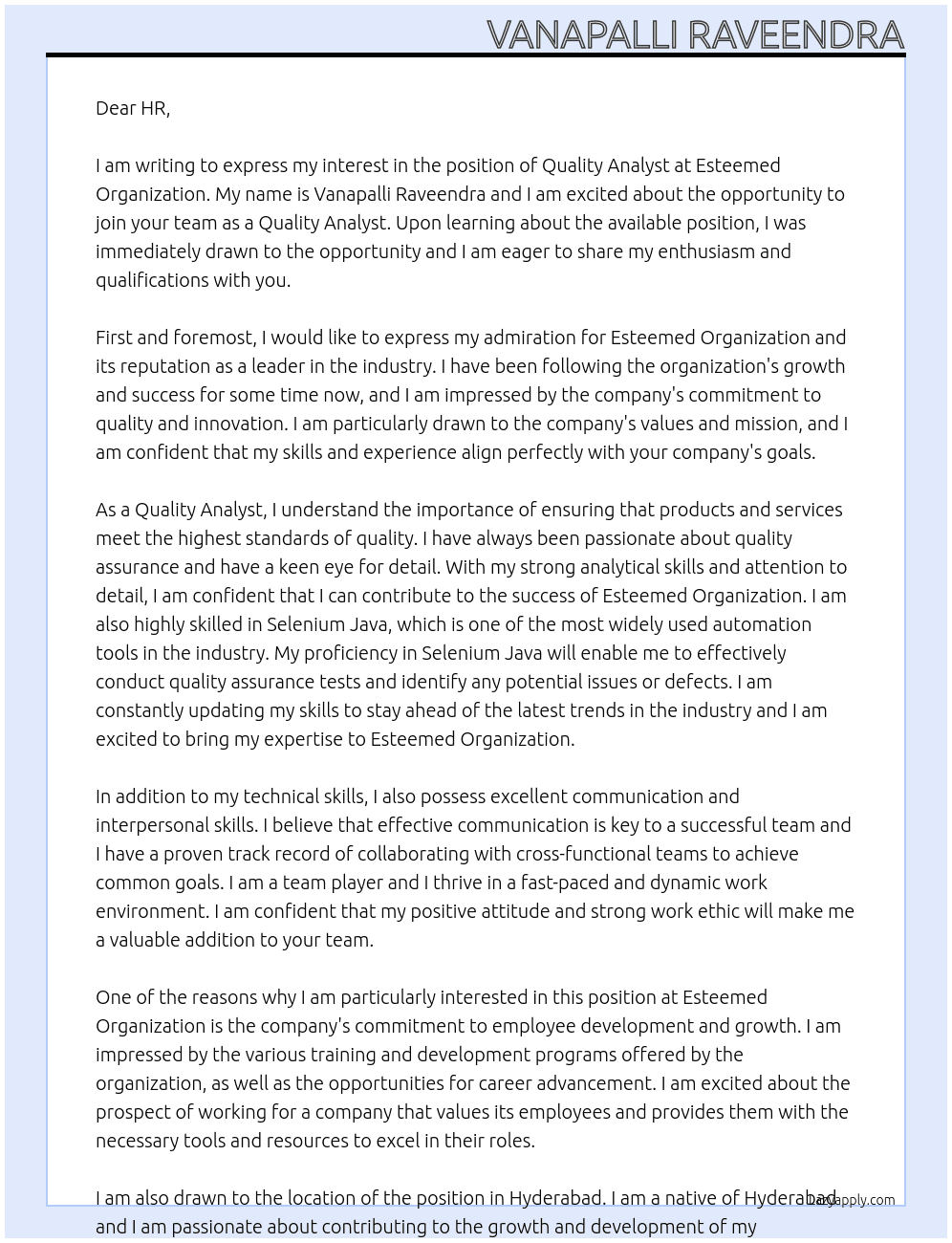 Quality Analyst At Esteemed Organization Cover Letter