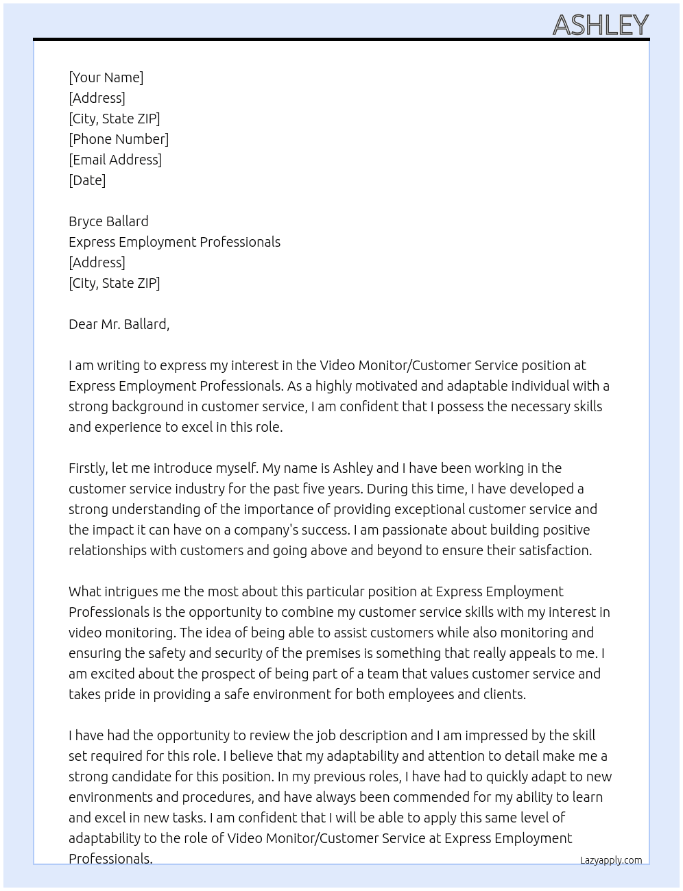 Video Monitor/Customer Service At Express Employment Professionals Cover Letter