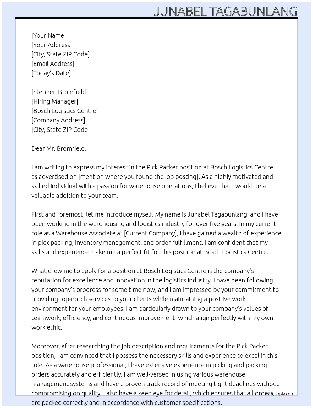 Pick packer At Bosch logistics centre Cover Letter