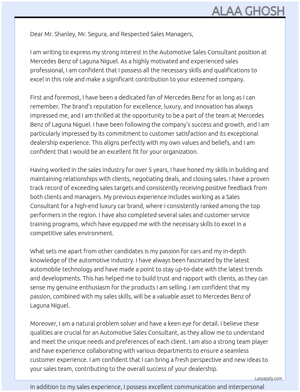 Automotive Sales Consultant At Mercedes Benz of Laguna Niguel Cover Letter
