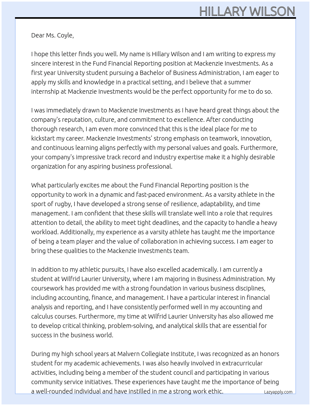 Fund Financial Reporting At Mackenzie Investments Cover Letter