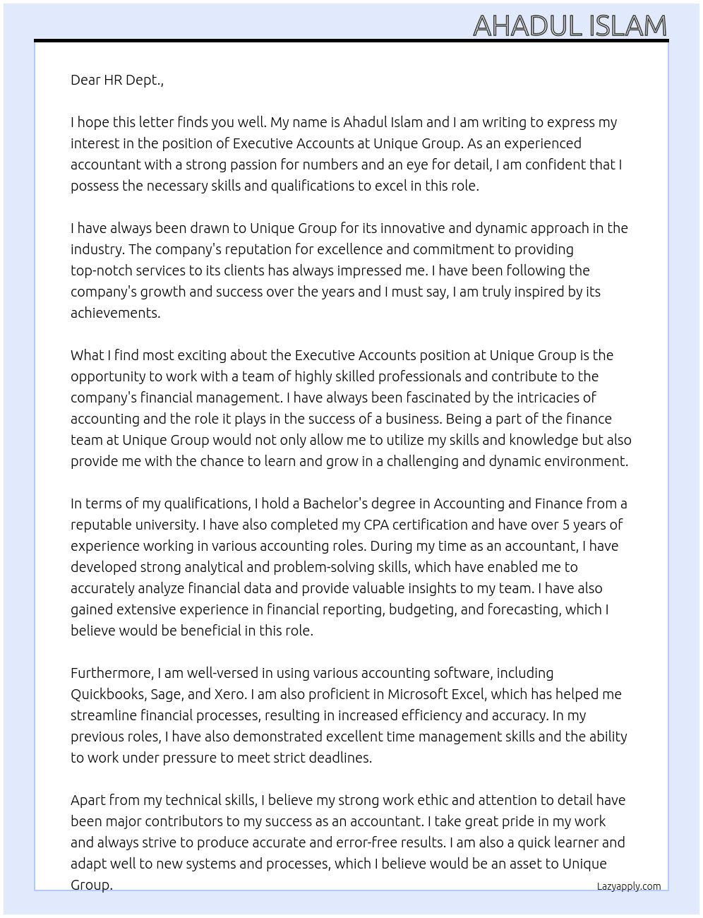 Executive Accounts At Unique Group Cover Letter