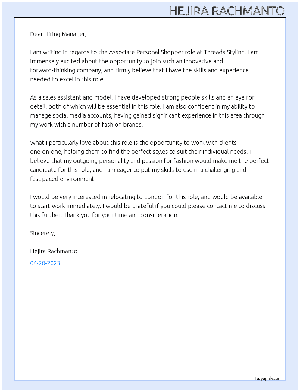 Associate Personal Shopper At Threads Styling Cover Letter