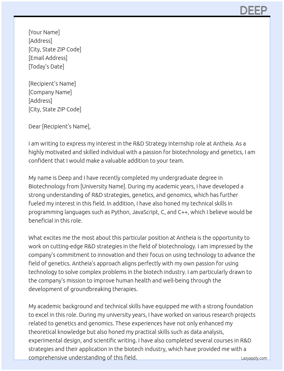 R&D strategy At Antheia Cover Letter
