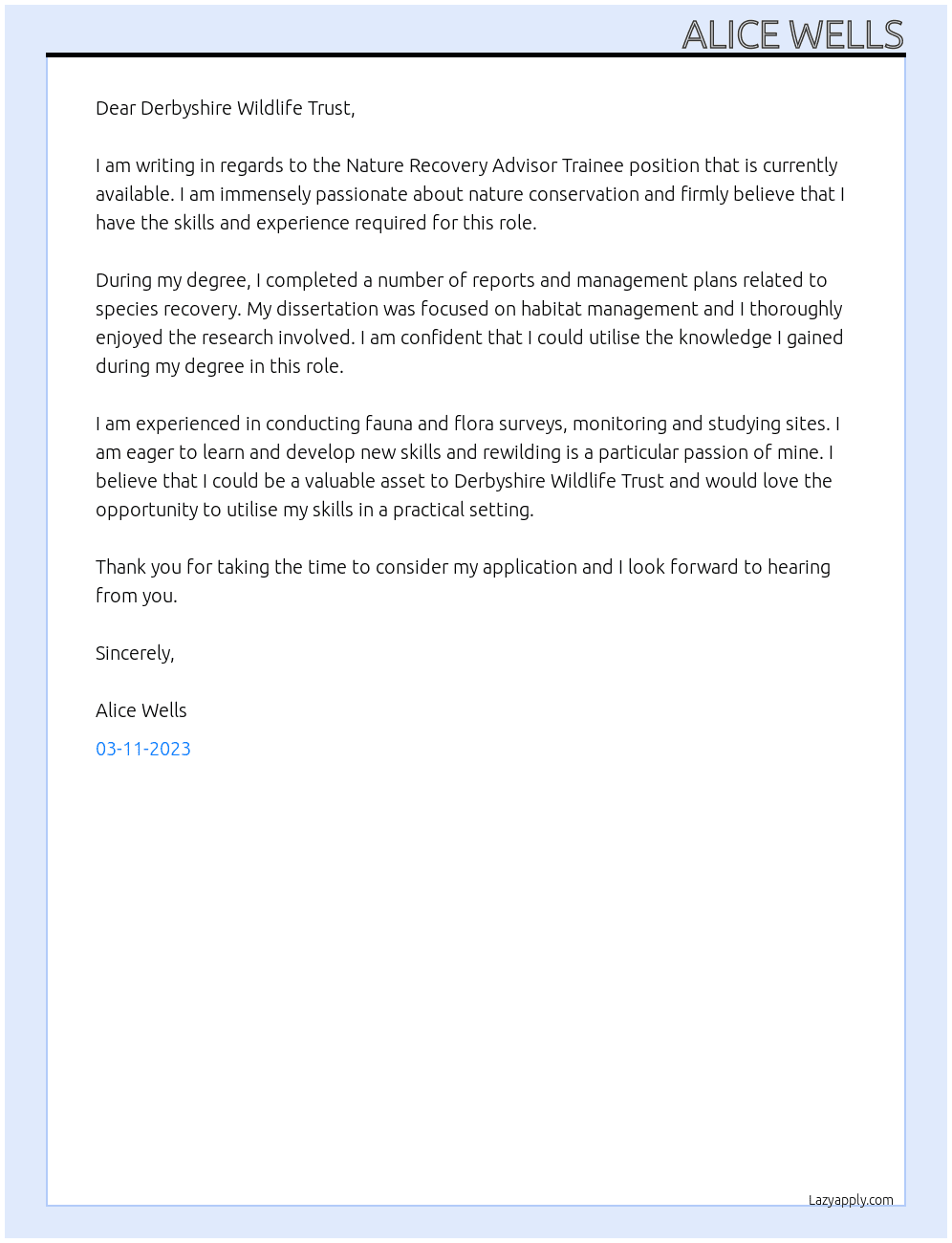 Nature Recovery Advisor Trainee At Derbyshire Wildlife Trust Cover Letter