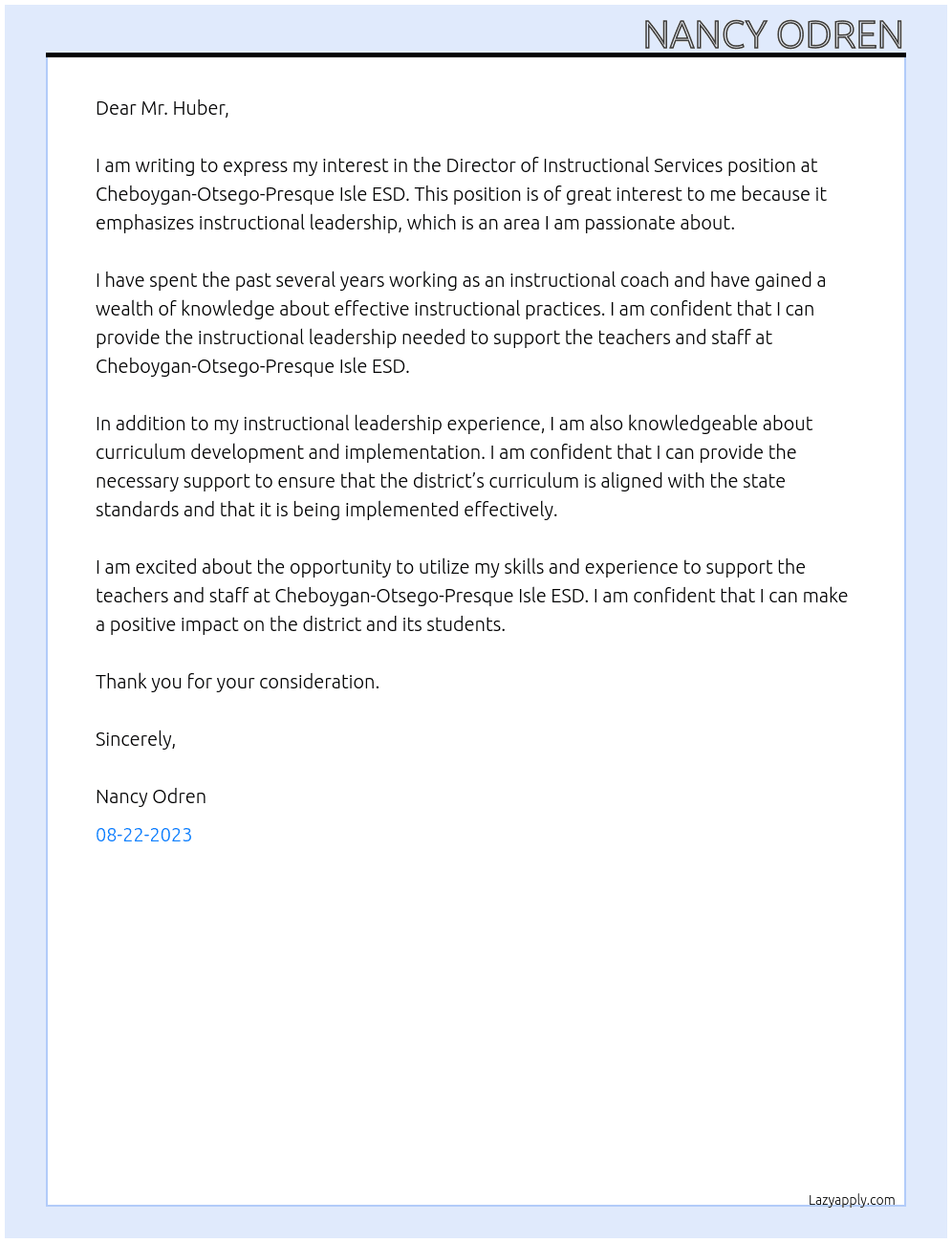 Director of Instructional Services At Cheboygan-Otsego-Presque Isle ESD Cover Letter