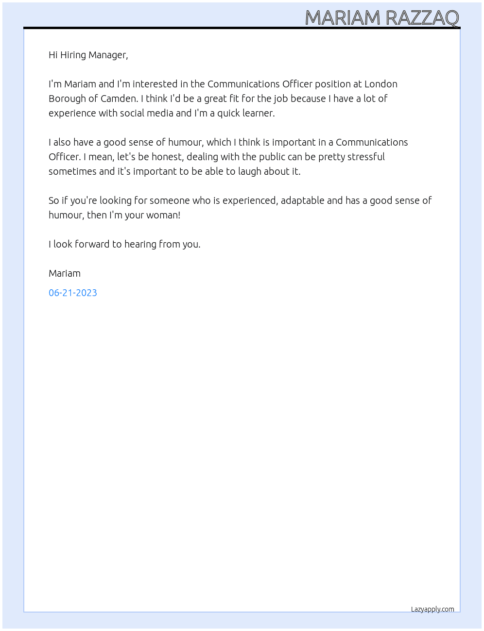 Communications Officer At London Borough of Camden Cover Letter