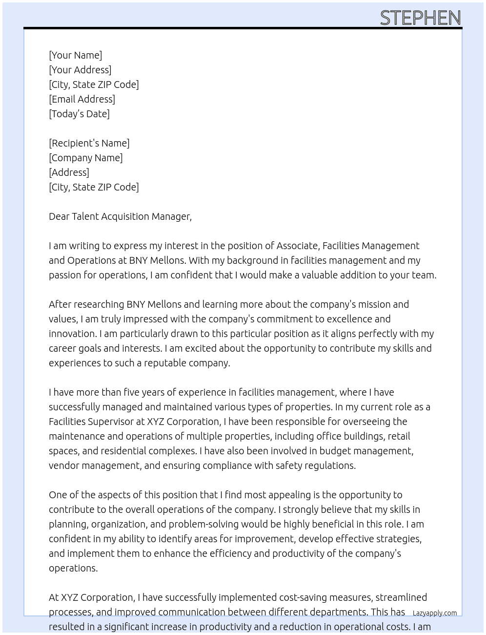 Associate, Facilities Management and Operations  At BNY Mellons  Cover Letter