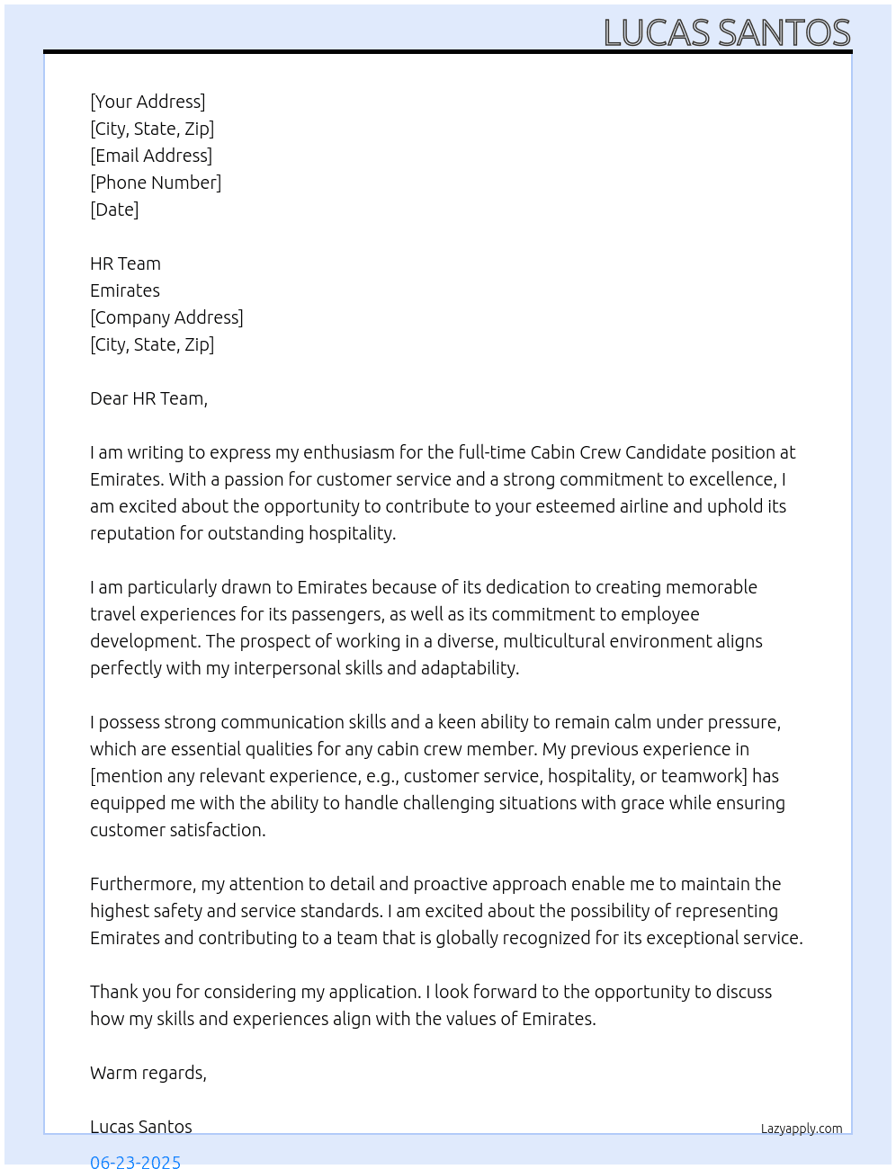 Cover letter for cabin crew candidate - LazyApply
