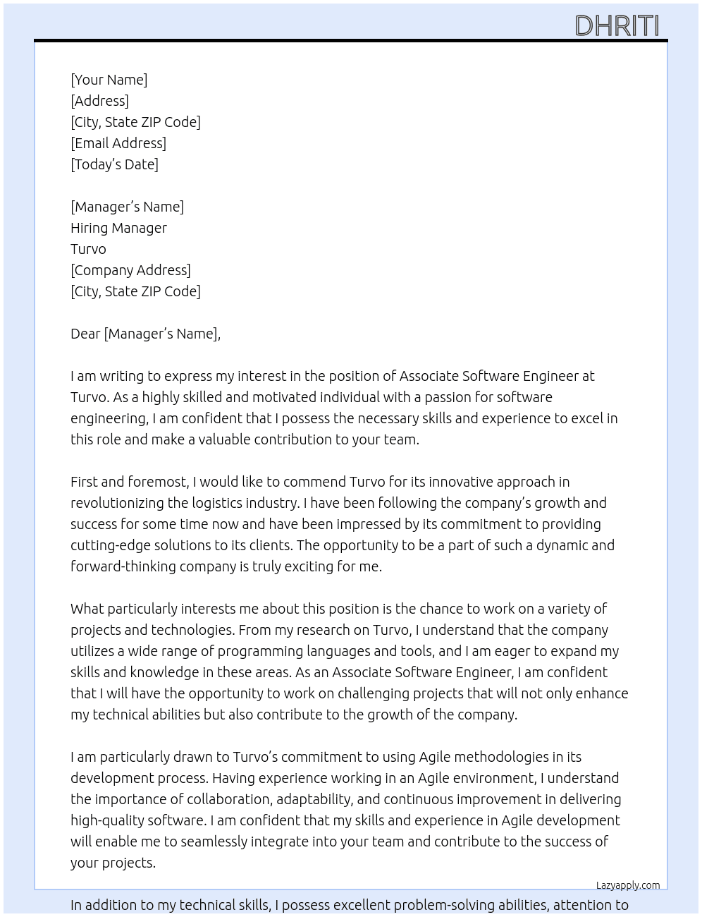 ASSOCIATE SOFTWARE ENGINEER At Turvo Cover Letter
