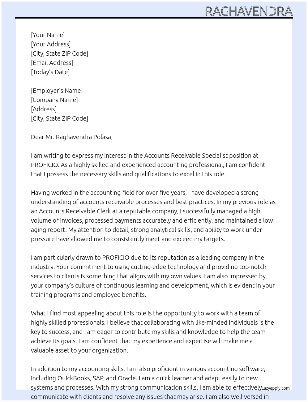 Accounts Receivable Specialist At  PROFICIO Cover Letter