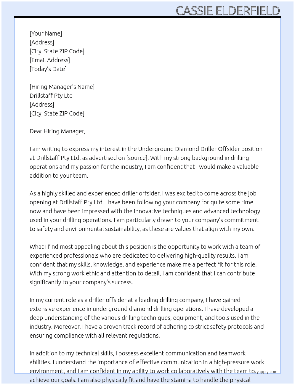Underground Diamond Driller Offsider At Drillstaff Pty Ltd Cover Letter