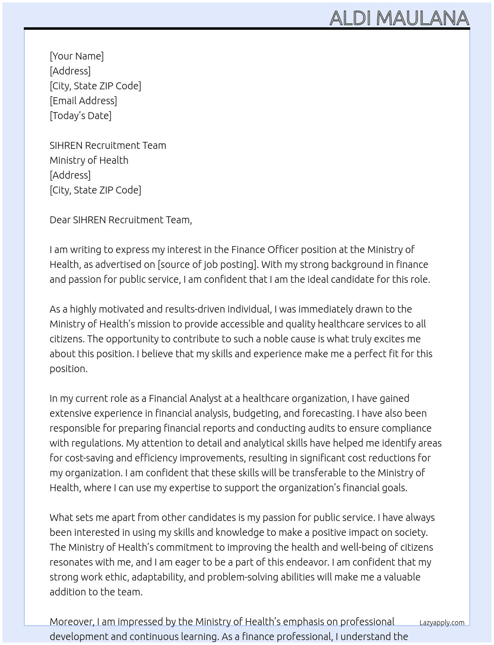 Finance Officer At Ministry of Health Cover Letter
