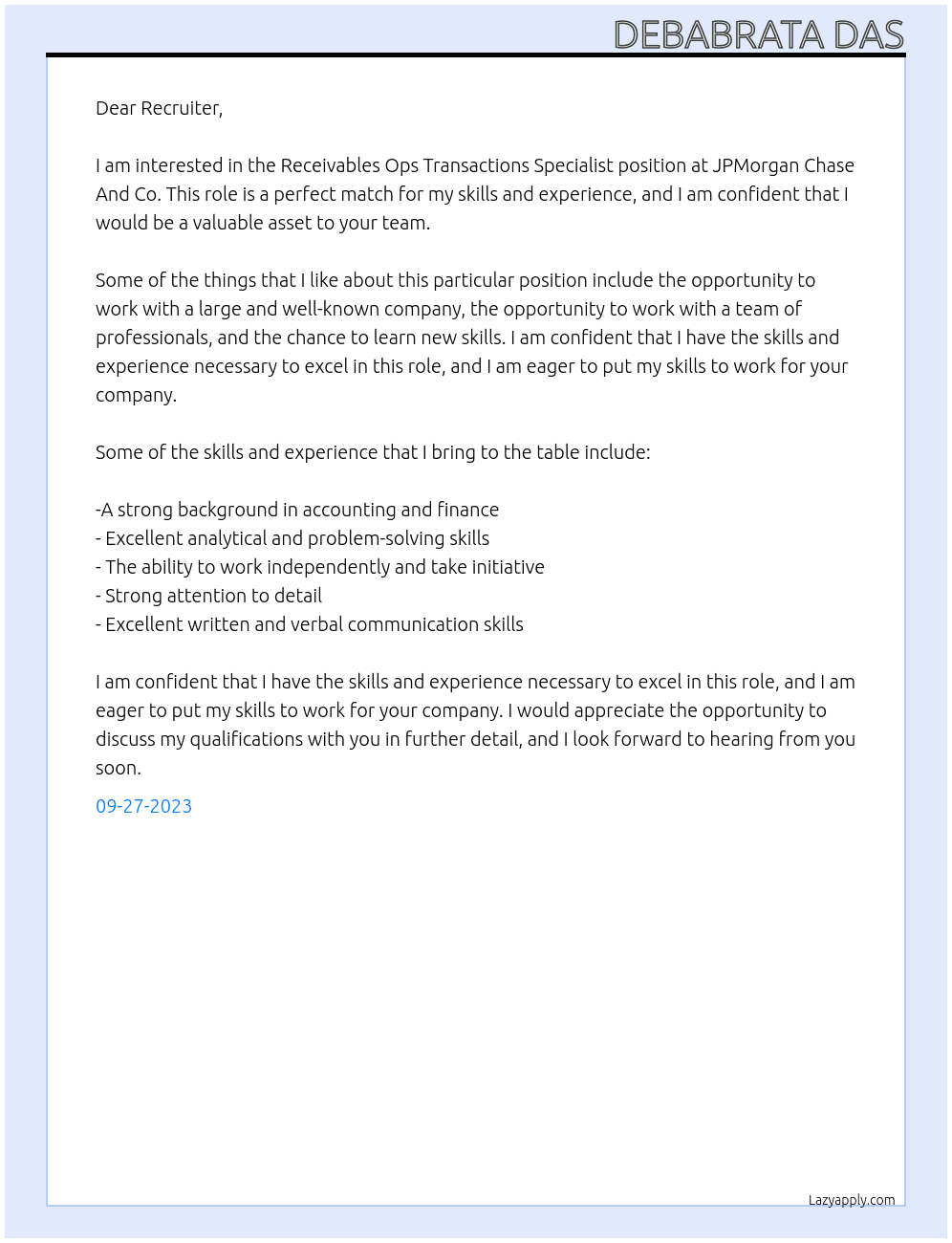 Receivables Ops Transactions Specialist At JPMorgan Chase And Co Cover Letter