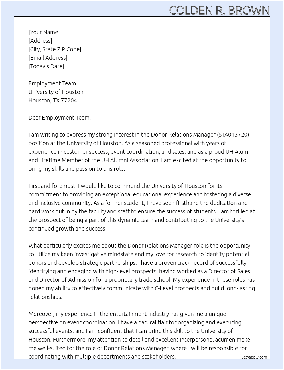 Donor Relations Manager (STA013720) At University of Houston Cover Letter