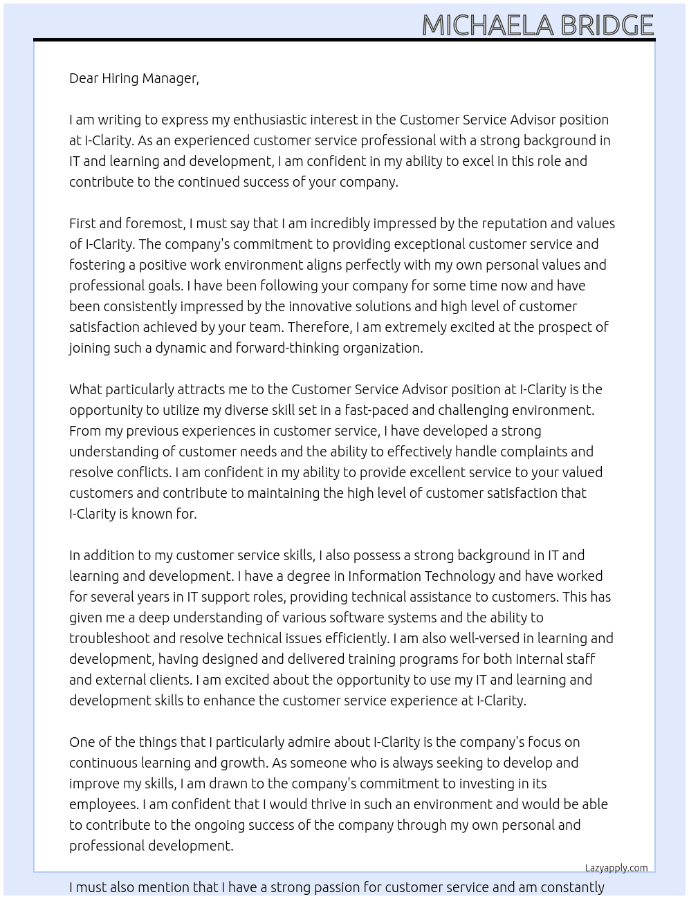 Customer service advisor At I-Clarity Cover Letter