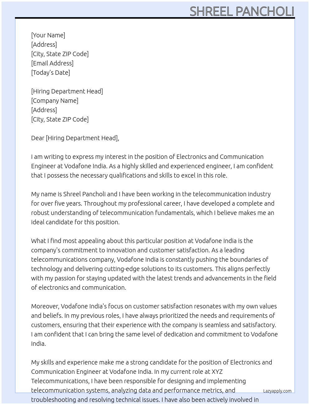 Electronics and communication engineer At Vodafone India Cover Letter