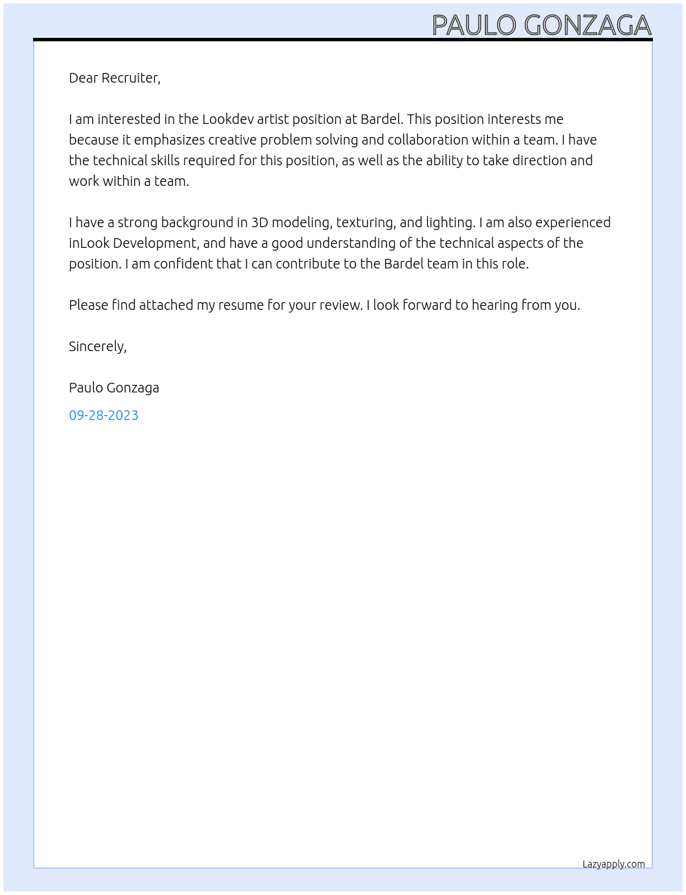 Lookdev artist At Bardel Cover Letter