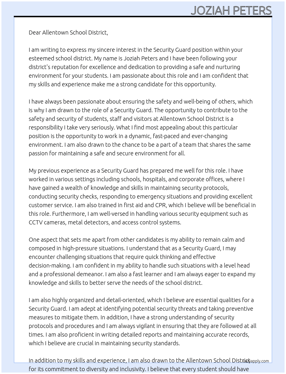 Security Guard  At Allentown School District  Cover Letter