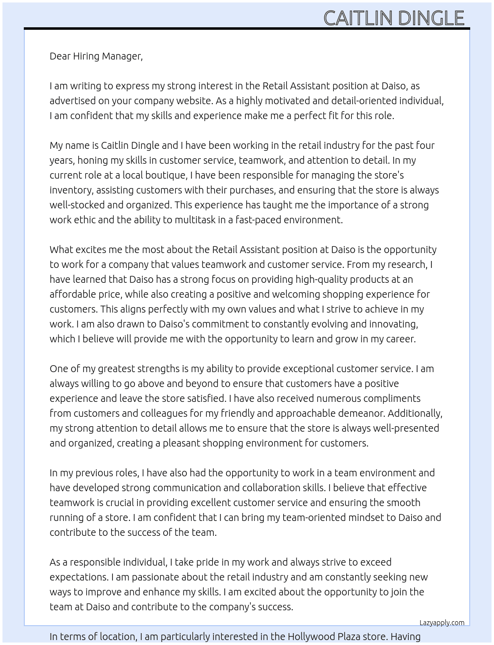 Retail assistant  At Daiso  Cover Letter