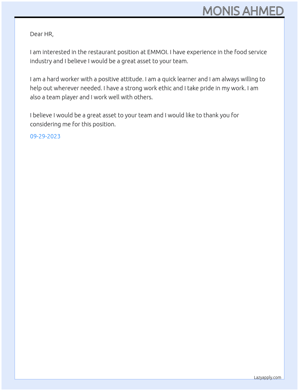 Restaurant At EMMOI Cover Letter
