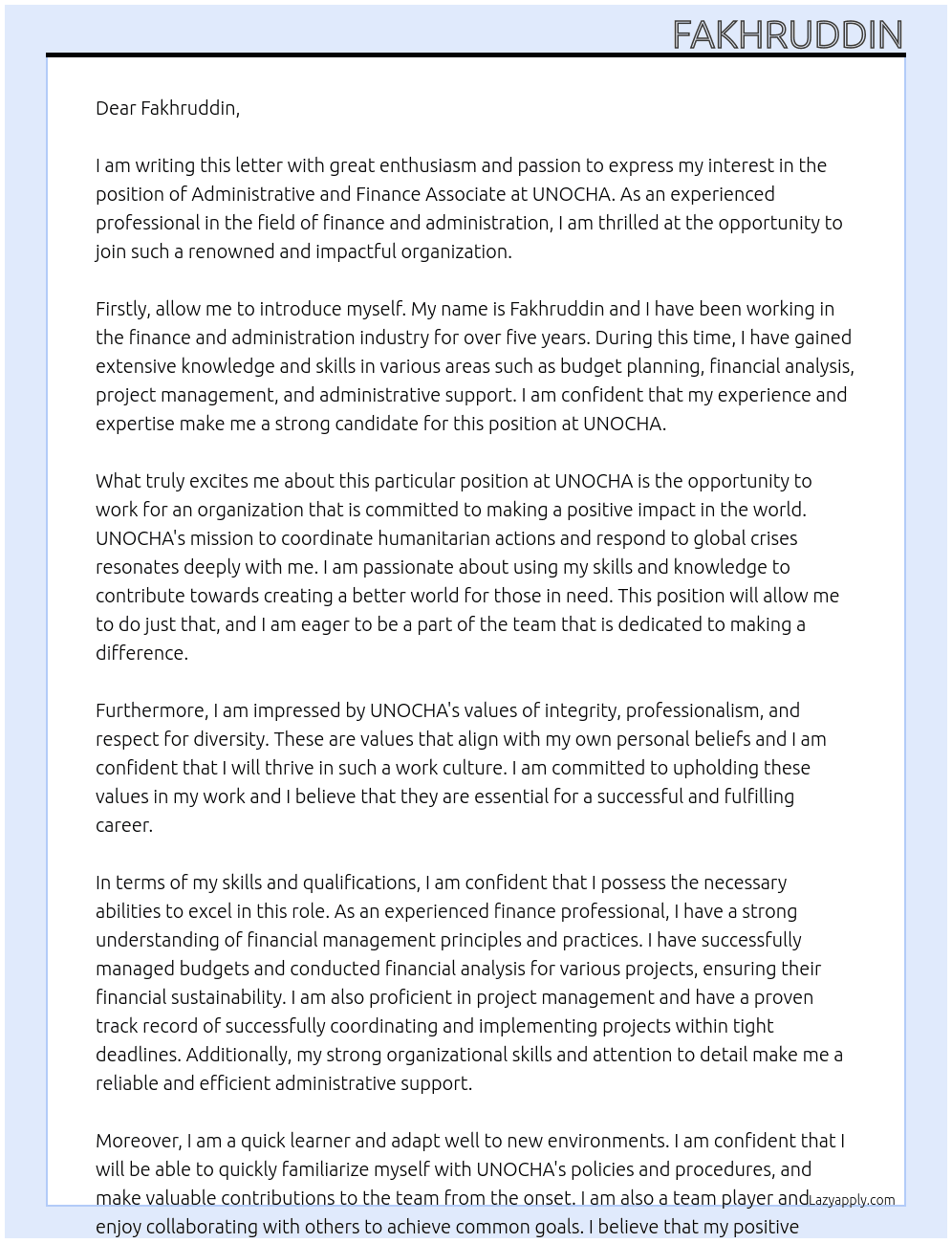 Administrative and Finance Associate At UNOCHA Cover Letter