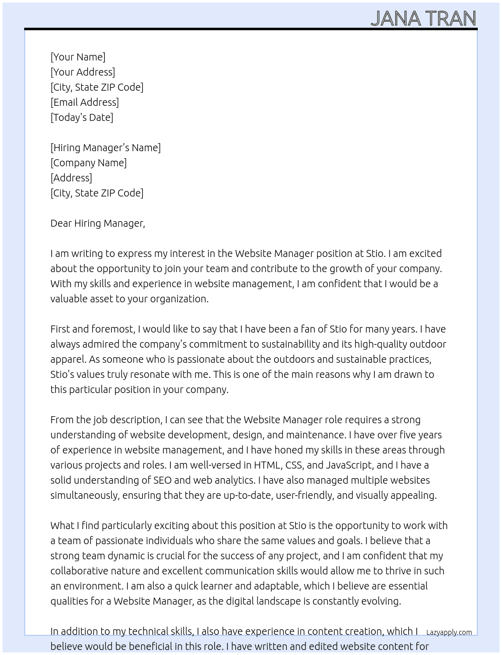 Website Manager At Stio Cover Letter