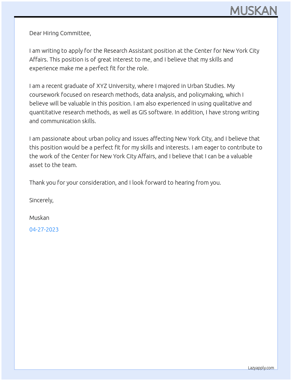 Research Assistant At Center for New York City Affairs Cover Letter