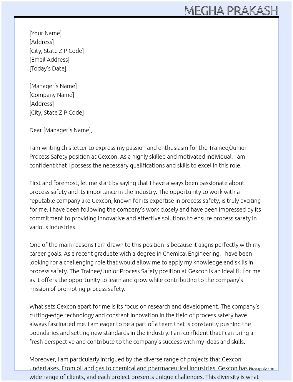 Trainee/Junior Process Safety At Gexcon Cover Letter