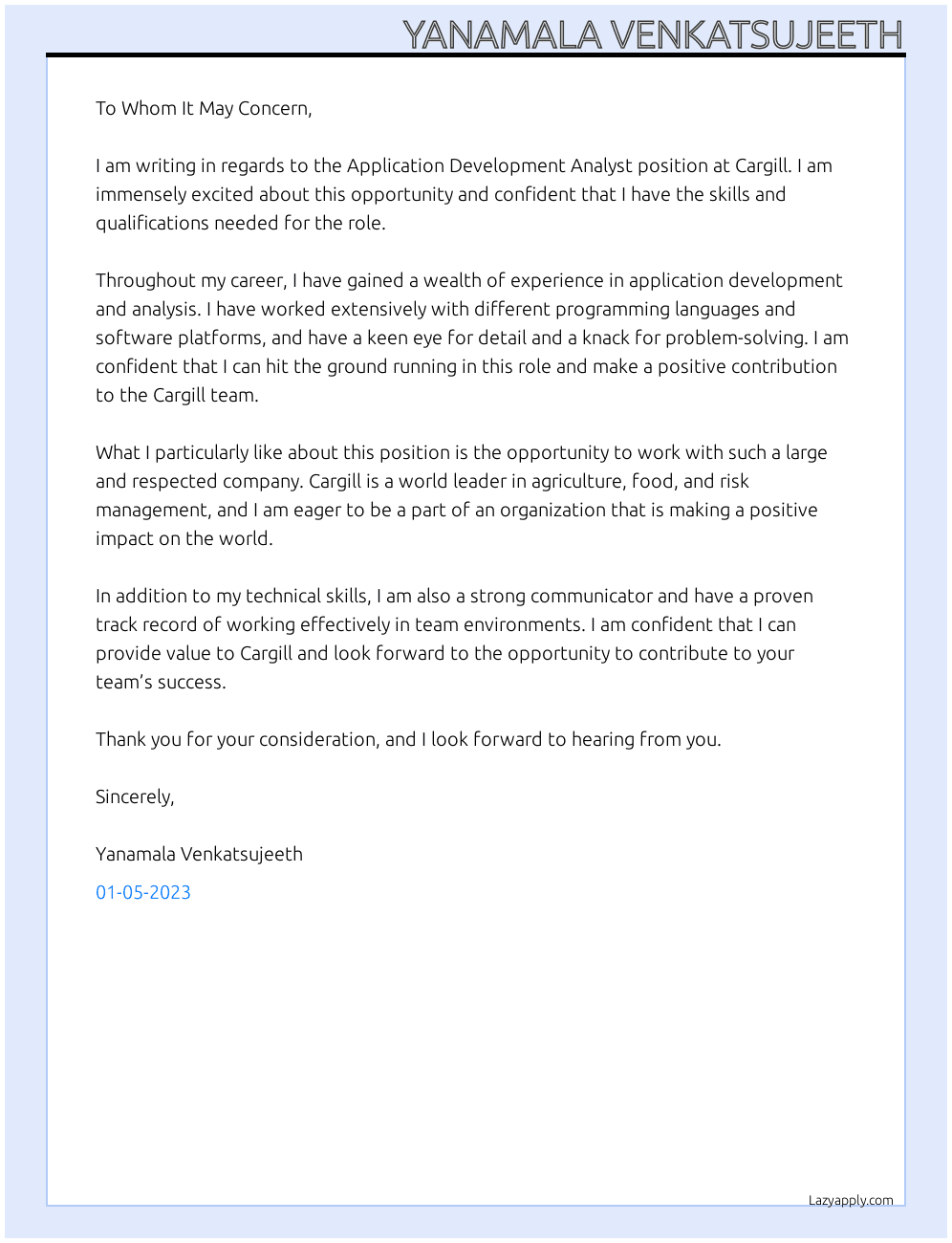 Cover letter for application development analyst - LazyApply