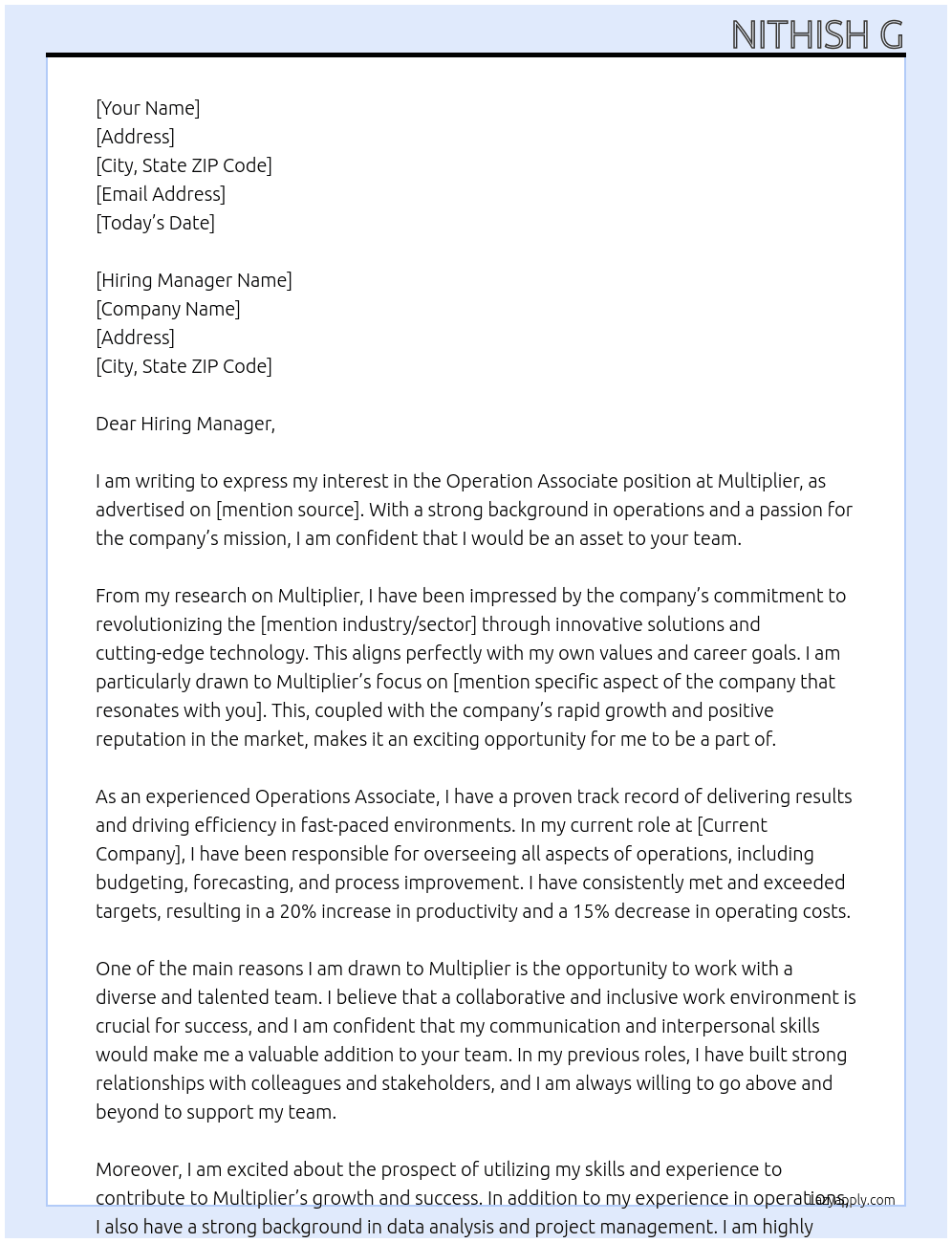 Operation Associate  At Multiplier Cover Letter
