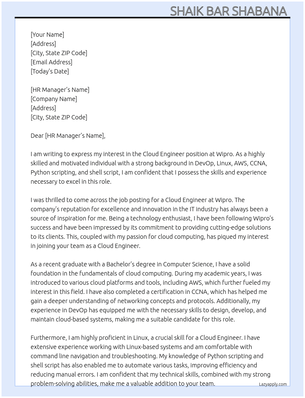 Cloud Engineer  At Wipro  Cover Letter
