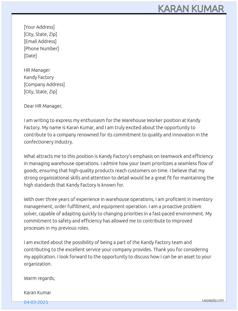 Cover letter for warehouse woi - LazyApply