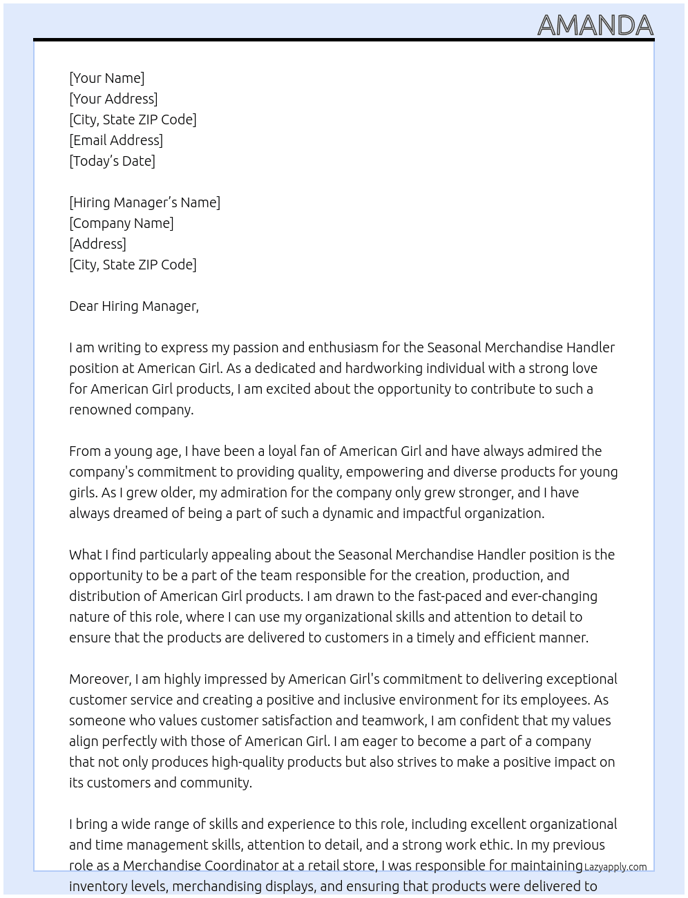 Seasonal Merchandise Handler At American Girl  Cover Letter