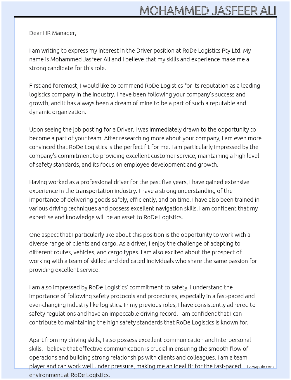 Driver At RoDe Logistics Pty Ltd Cover Letter