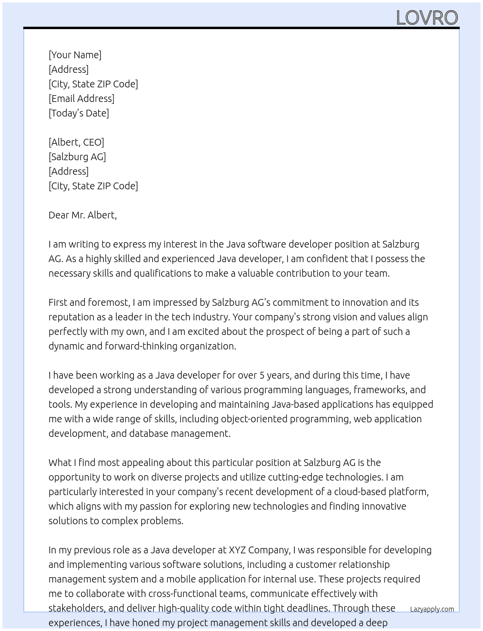 Java software developer At Salzburg AG Cover Letter