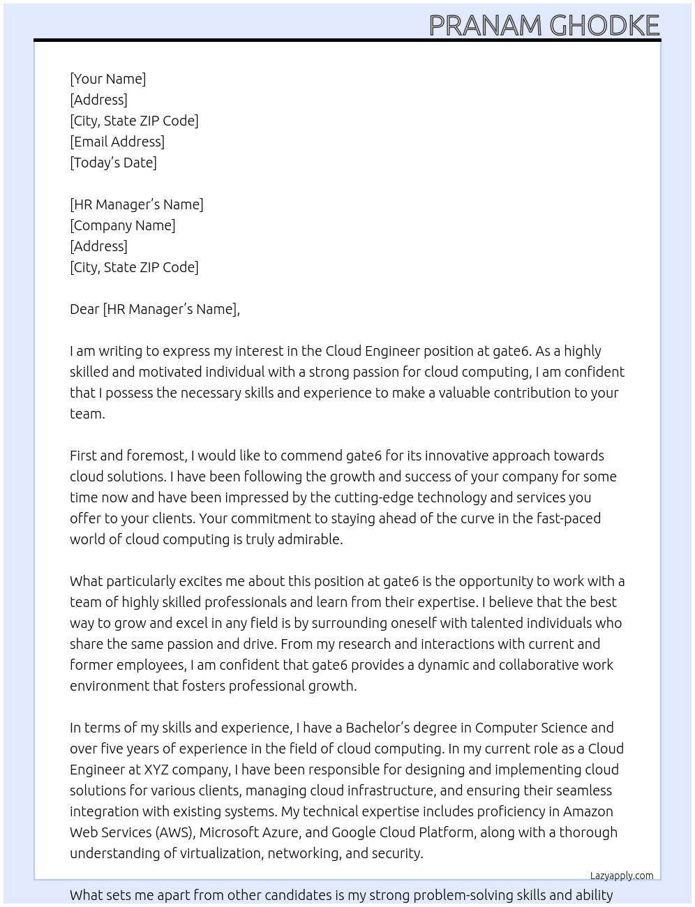 Cloud Engineer At gate6 Cover Letter