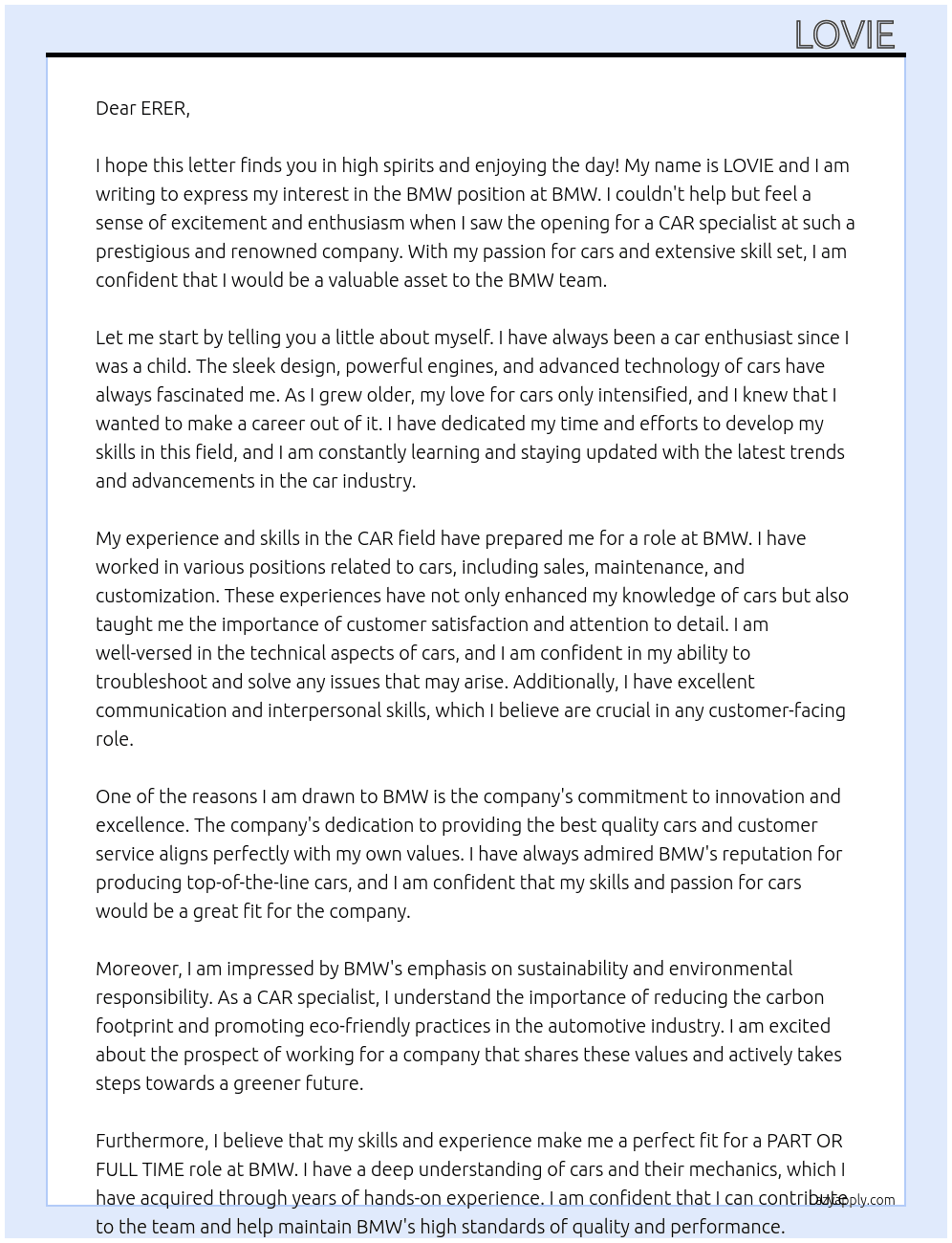 Cover letter for bmw - LazyApply