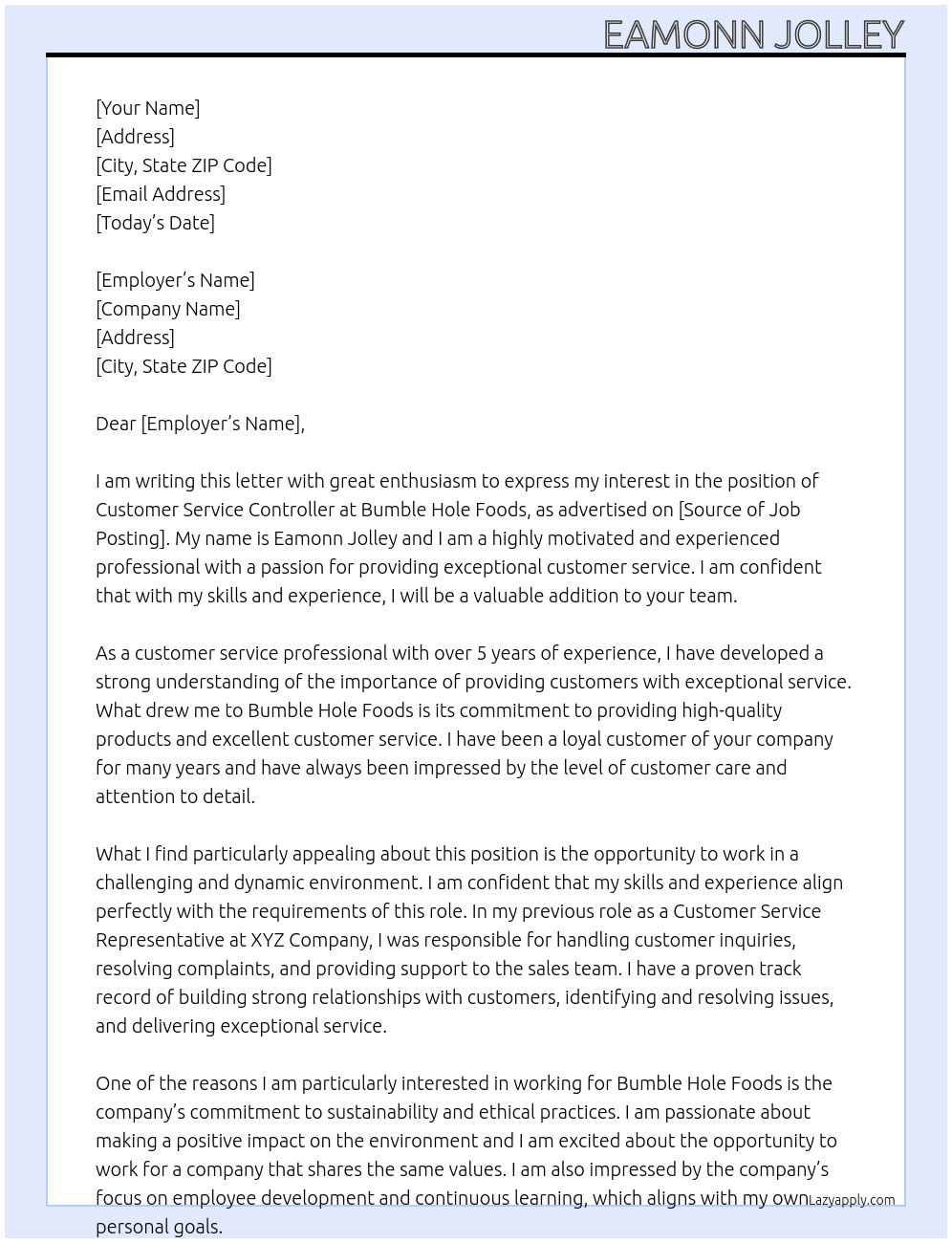 Customer service controller At Bumble Hole Foods Cover Letter