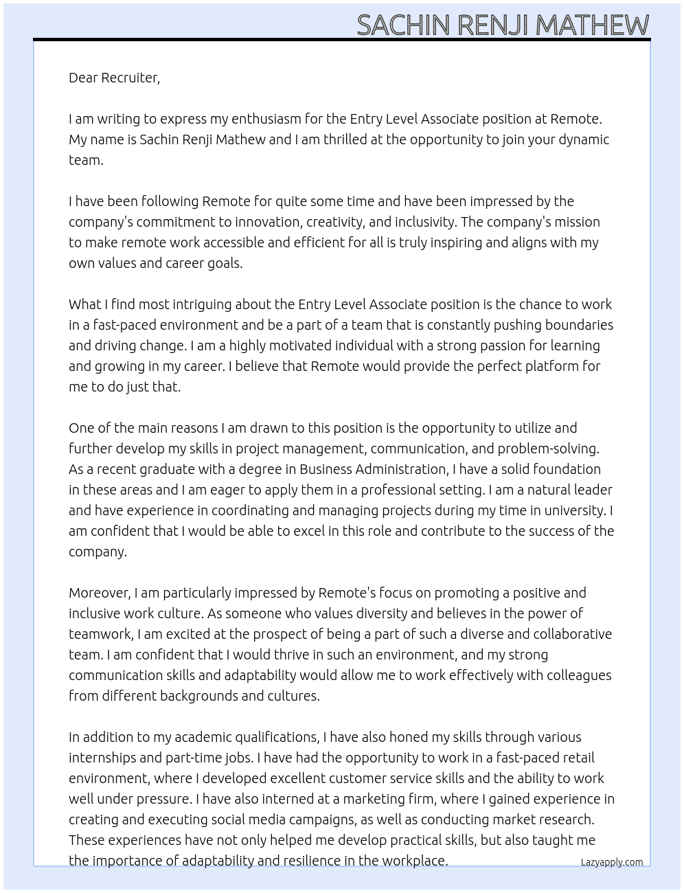 Entry level associate At Remote Cover Letter
