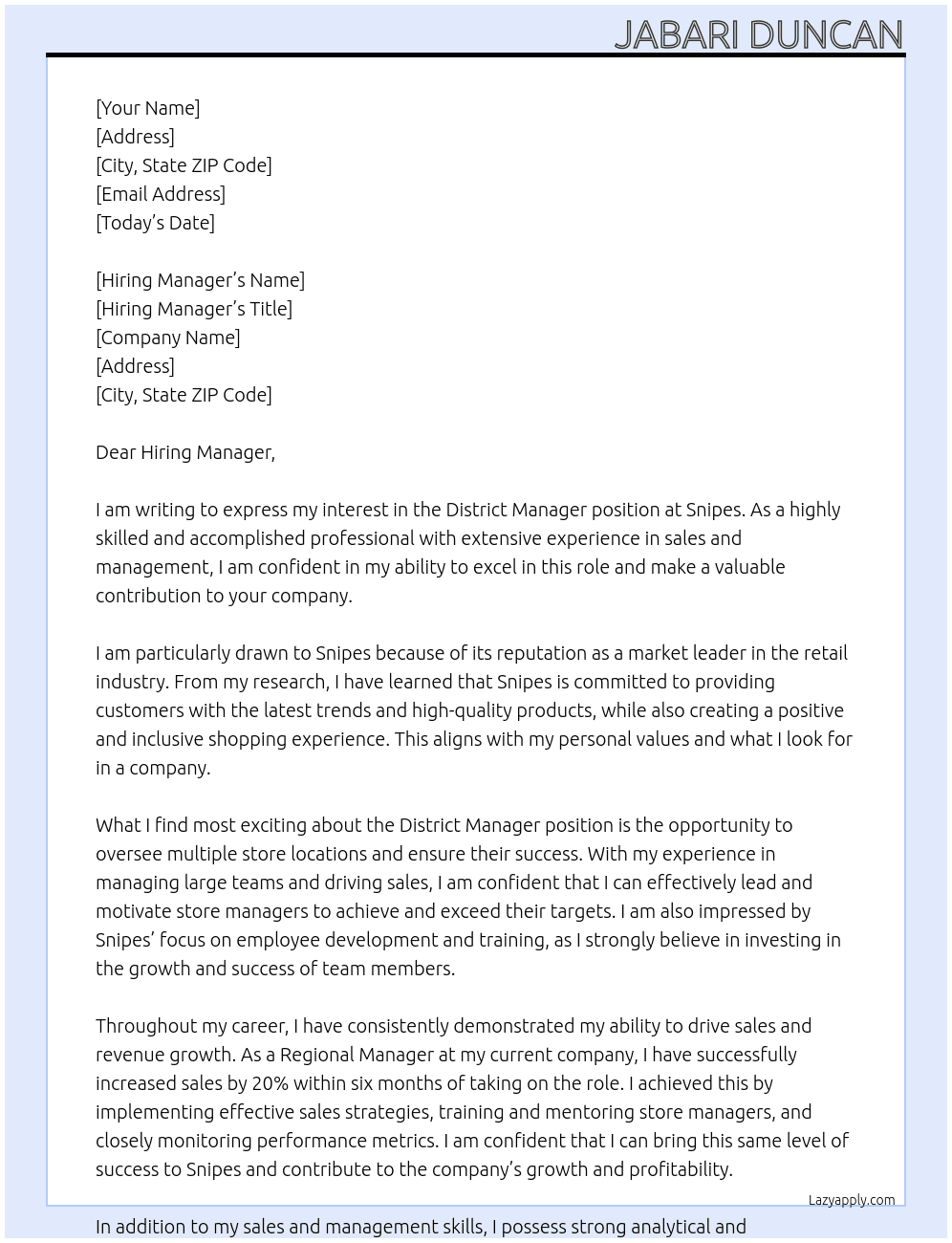 District Manager At Snipes Cover Letter