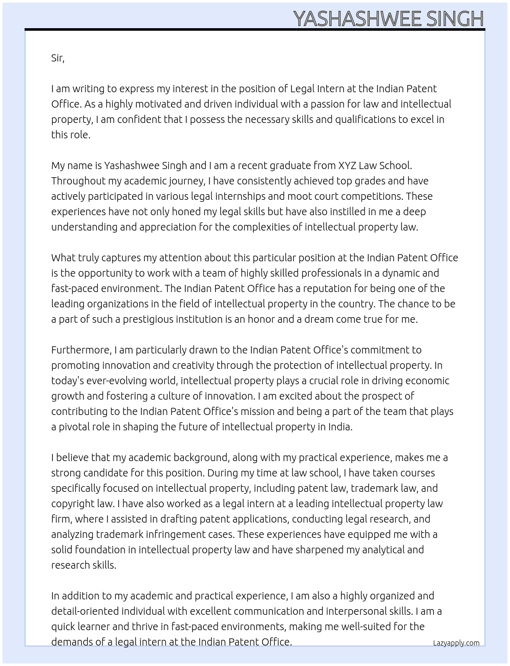legal intern  At Indian Patent Office Cover Letter