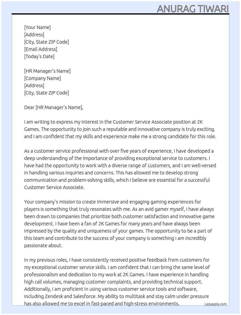 Customer Service Associate  At 2K Games Cover Letter