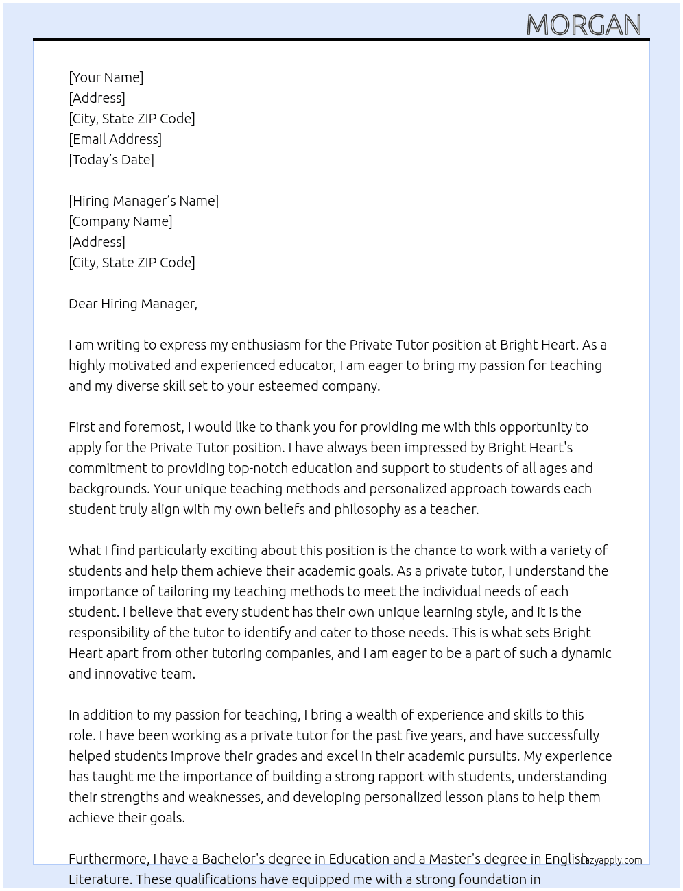 Private tutor  At Bright Heart Cover Letter