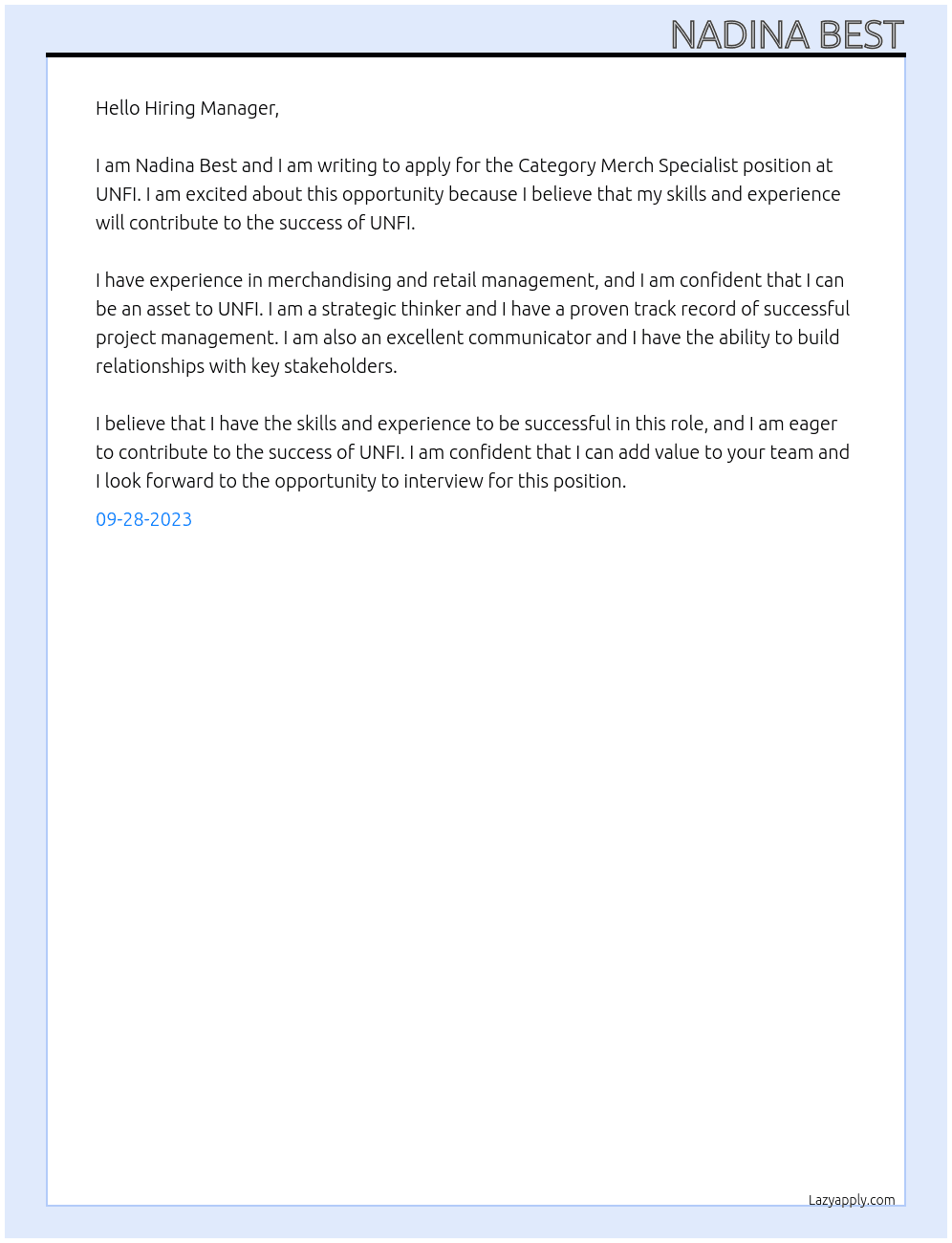 Category Merch Specialist At UNFI  Cover Letter