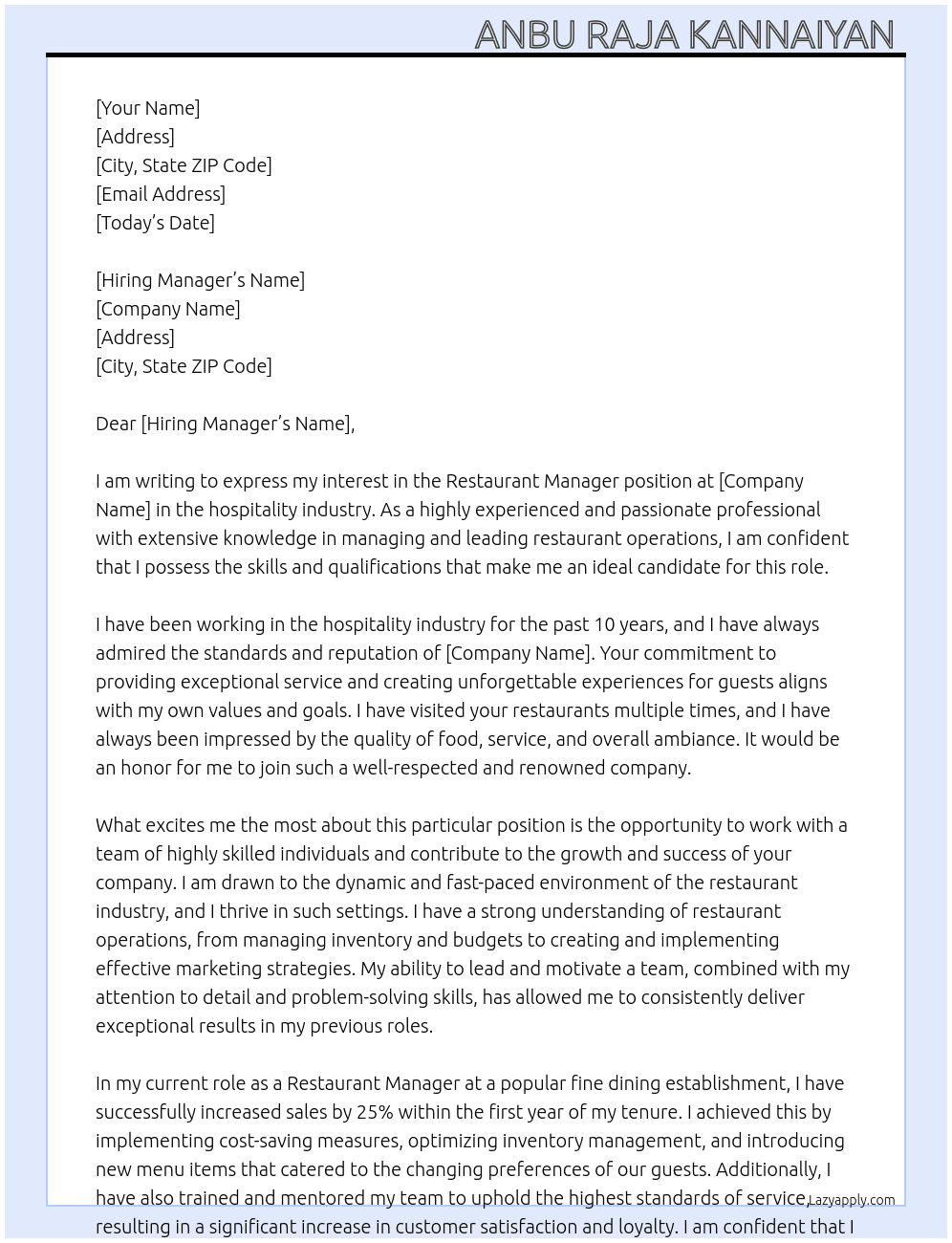 restaurant manager  At hospitality Cover Letter