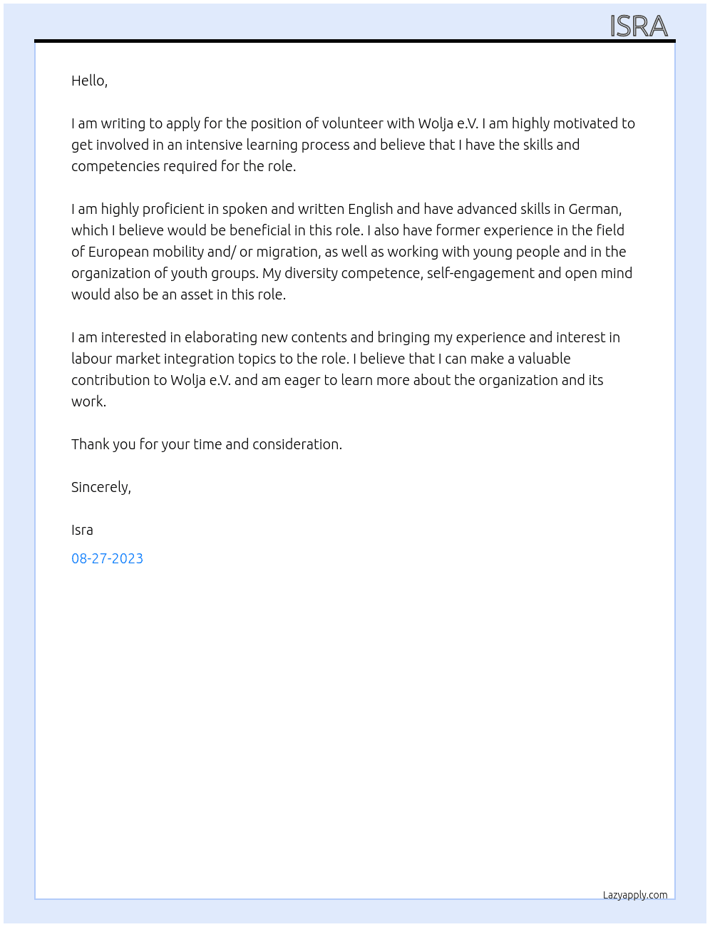 volunteer At Wolja e.V. Cover Letter
