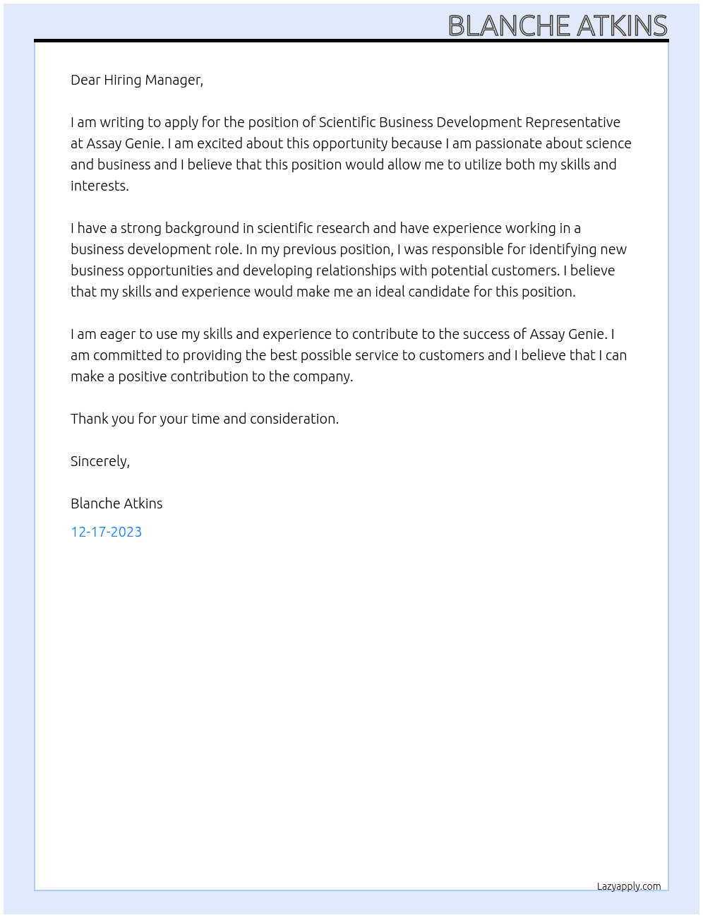 Scientific Business Development Representative  At Assay Genie Cover Letter